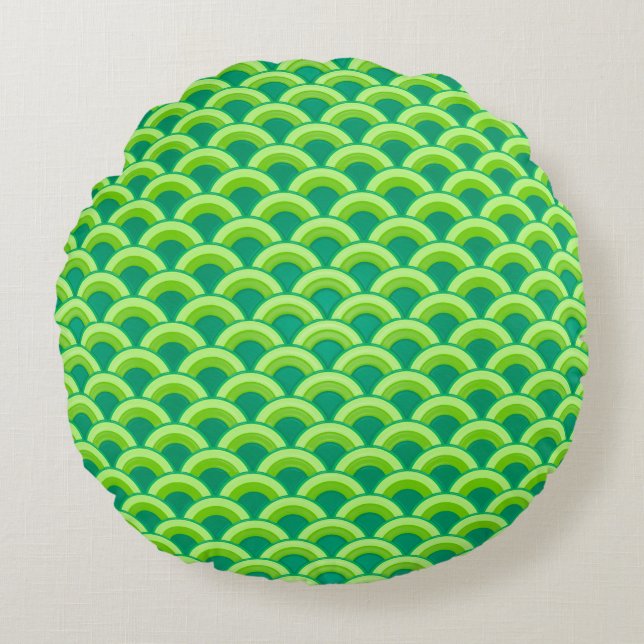 Art Deco-golfpatroon - jade-groen Rond Kussen (Voorkant)