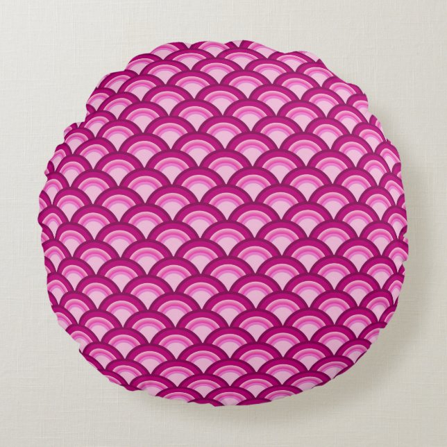 Art Deco-golfpatroon - magenta en roze Rond Kussen (Voorkant)