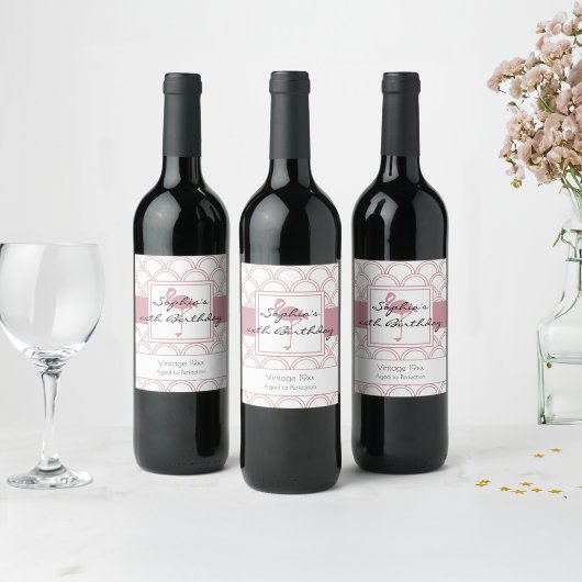 Art Deco Golfpatroon Roze Flamingo Verjaardag Wijn Etiket