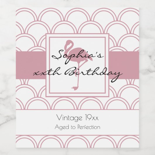 Art Deco Golfpatroon Roze Flamingo Verjaardag Wijn Etiket (Enkel label)