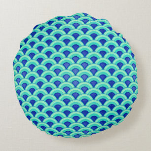 Art Deco golfpatroon - turquoise en kobalt Rond Kussen