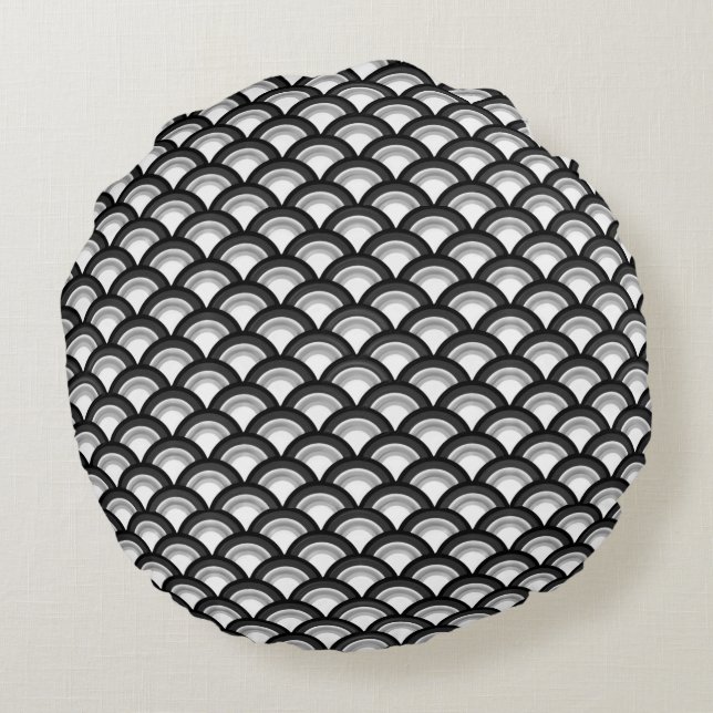 Art Deco-golfpatroon - zwart-wit Rond Kussen (Achterkant)