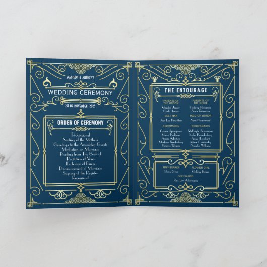 Art Deco Goud Blauw Entourage Orde van Ceremonie Programma (Binnen)