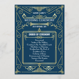 Art Deco Goud Blauw Entourage Orde van Ceremonie Programmakaart