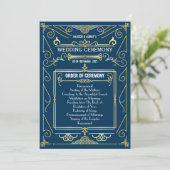 Art Deco Goud Blauw Entourage Orde van Ceremonie Programmakaart (Staand voorkant)