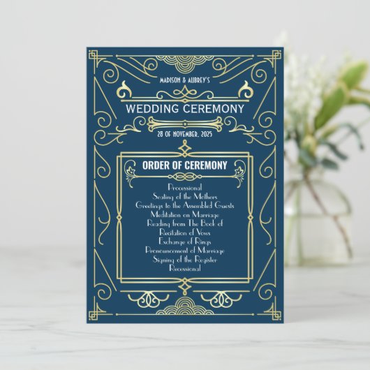Art Deco Goud Blauw Entourage Orde van Ceremonie Programmakaart (Staand voorkant)