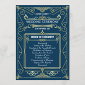 Art Deco Goud Blauw Entourage Orde van Ceremonie Programmakaart (Voorkant)