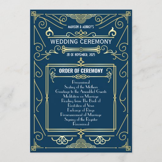 Art Deco Goud Blauw Entourage Orde van Ceremonie Programmakaart (Voorkant)