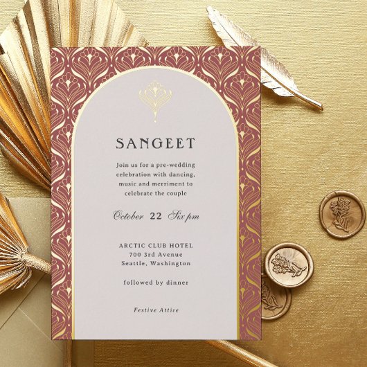 Art Deco Goud Bloemen Indiaas Bruiloft Sangeet Folie Uitnodiging