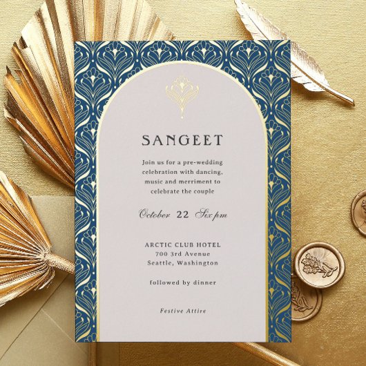 Art Deco Goud Bloemen Indiaas Bruiloft Sangeet Folie Uitnodiging