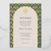 Art Deco Goud Bloemen Indiaas Bruiloft Sangeet Folie Uitnodiging (Voorkant)
