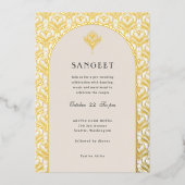 Art Deco Goud Bloemen Indiaas Bruiloft Sangeet Folie Uitnodiging (Voorkant)