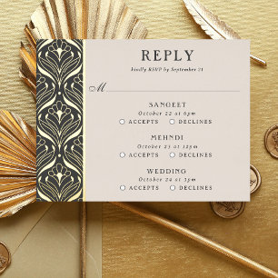 Art Deco Goud Bloemenbruiloft Multi Event RSVP-kaa Folie Uitnodiging Briefkaart