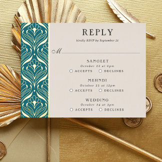 Art Deco Goud Bloemenbruiloft Multi Event RSVP-kaa Folie Uitnodiging Briefkaart
