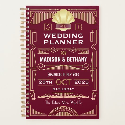 Art Deco Goud Bourgogne Elegante Gatsby Bruiloft Planner (Voorkant)