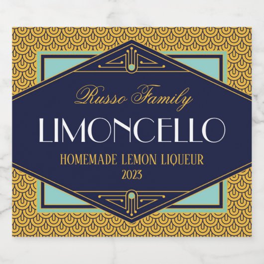 Art Deco Goud en Blauw Likeur Label Likeurfles Etiket (Enkel label)