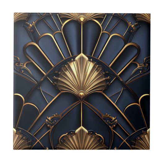 Art Deco Goud en Blauwe Vintage Tegeltje (Voorkant)