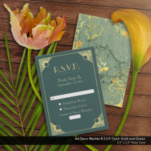 Art Deco Goud en Groen Marmeren Bruiloft R.S.V.P.
