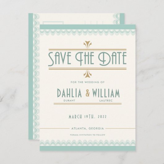 Art Deco  Goud en Mint Opslaan van de Datum Aankondigingskaart (Voorkant / Achterkant)