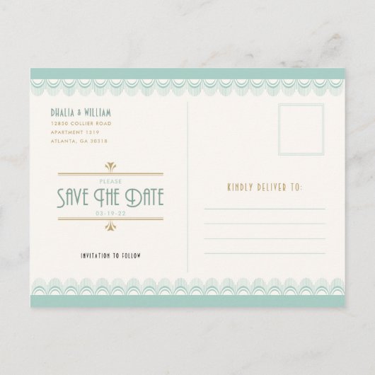 Art Deco  Goud en Mint Opslaan van de Datum Aankondigingskaart (Achterkant)