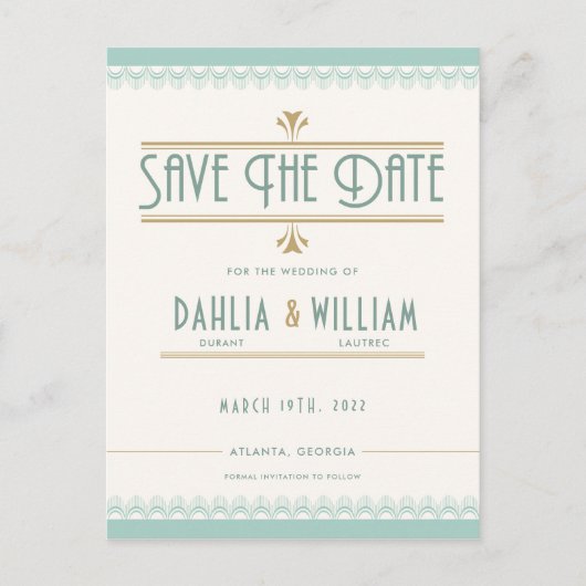 Art Deco Goud en Mint Opslaan van de Datum Aankondigingskaart (Voorkant)