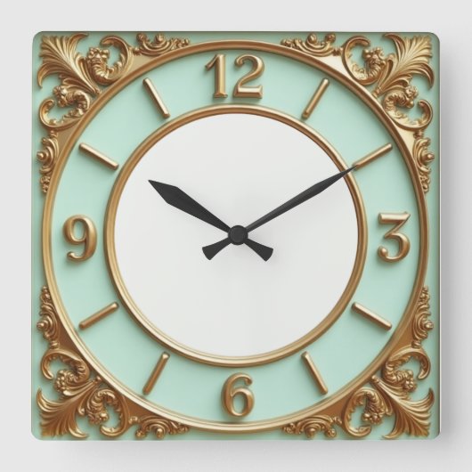 Art Deco Goud en Mint Vierkante Klok (Voorkant)
