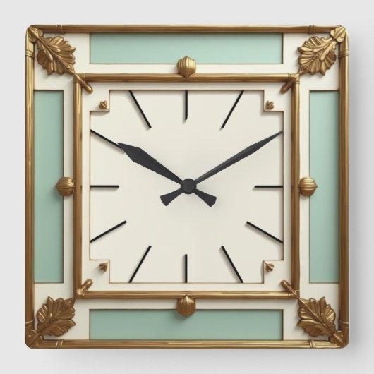 Art Deco Goud en Mint Vierkante Klok (Voorkant)