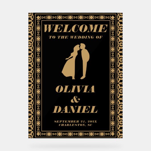 Art Deco Goud en Zwart Huwelijk Welkom Acryl Bord (Voorkant)