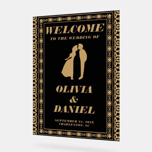 Art Deco Goud en Zwart Huwelijk Welkom Acryl Bord (Hoek)