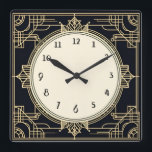 Art Deco Goud en Zwart Vierkant Lijst Vierkante Klok<br><div class="desc">Art Deco klok,  Art Nouveau klok,  Goud en zwart,  1920s vierkant,  stijlvolle verfijnde 1920 stijl,  retro  antiek,  ouderwets fancy,  faux gouden lijn art,  eenvoudige minimalistische vierkante klok,  minimalistisch patroonontwerp</div>