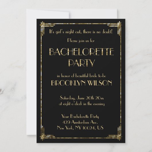 Art Deco Goud Folie Bachelorette Feest Uitnodiging (Voorkant)