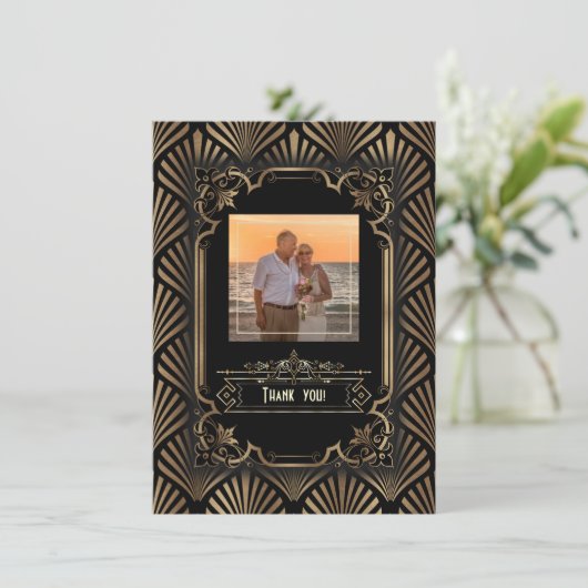 Art Deco Goud Gatsby Jaren 20 Foto Huwelijksfeest Bedankkaart (Staand voorkant)