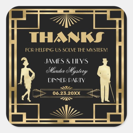 Art Deco Goud Gatsby Moordmysterie Detective Jaren Vierkante Sticker (Voorkant)