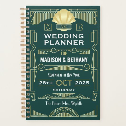 Art Deco Goud Groen 1920s Elegante Gatsby Bruiloft Planner (Voorkant)