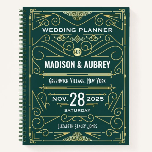 Art Deco Goud Groen 1920s Elegante Huwelijksplanne Notitieboek (Voorkant)