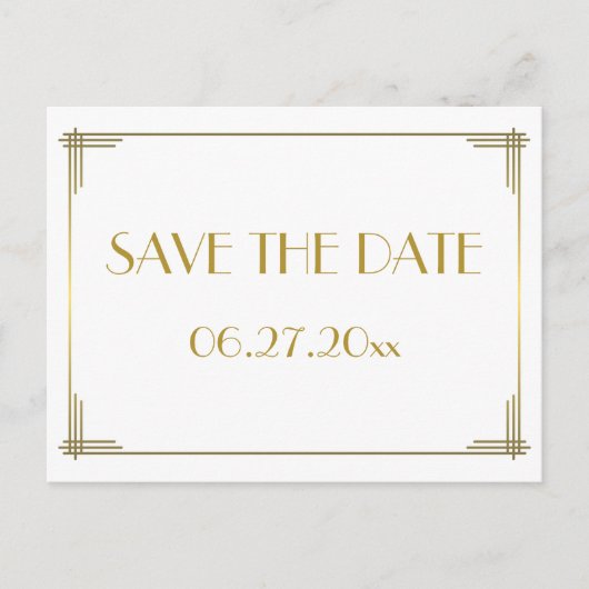 Art Deco Goud Grote Gatsby Bewaar De Datum Postkaa Aankondigingskaart (Voorkant)