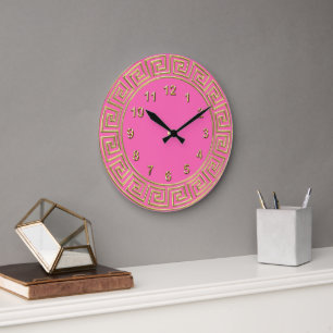 Art Deco Goud Heet Roze Griekse Sleutel Rand DIY B Grote Klok