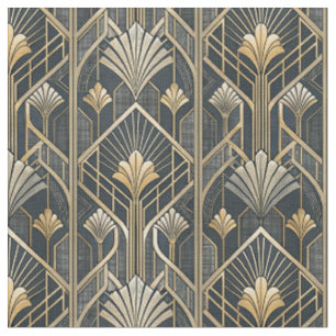 Art Deco Goud & Houtskoolzwart Geometrisch Patroon Stof