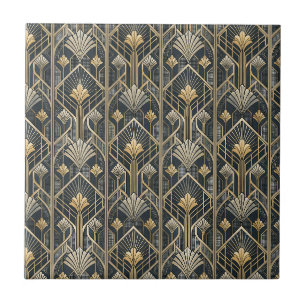 Art Deco Goud & Houtskoolzwart Geometrisch Patroon Tegeltje