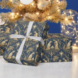 Art Deco Goud Kerststolpatroon op Marineblauw Cadeaupapier