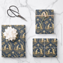 Art Deco Goud Kerststolpatroon op Marineblauw Inpakpapier Vel