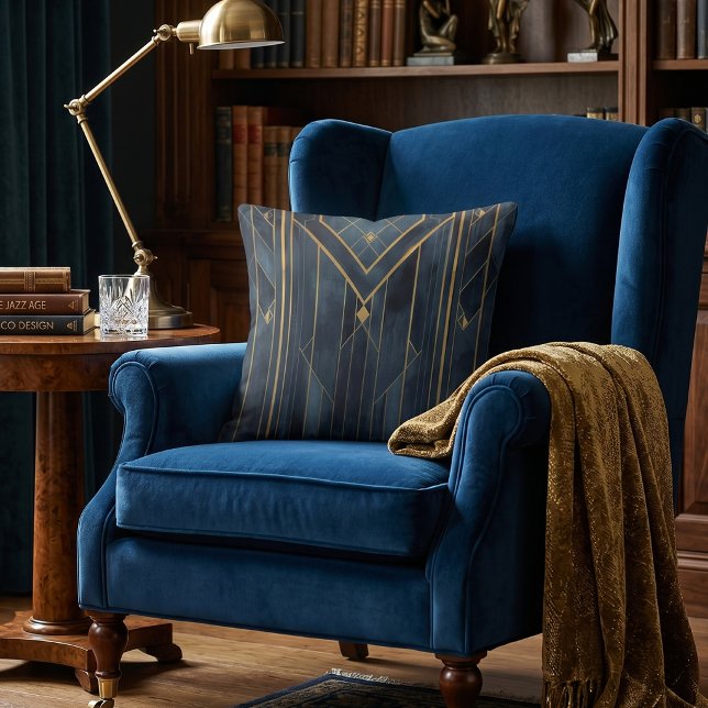 Art Deco Goud & Marineblauw Geometrisch Kussen (Creator heeft geüpload)