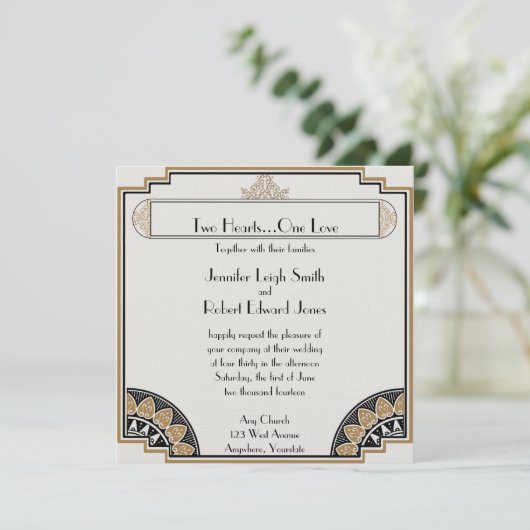 Art Deco Goud Posh Bruiloft Uitnodiging (Staand voorkant)