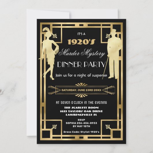 Art Deco Goud Roaring 20s Murder Mystery Party Kaart (Voorkant)