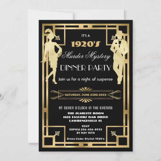 Art Deco Goud Roaring Twenties Moordmysterie Feest Kaart (Voorkant)