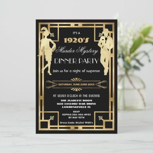 Art Deco Goud Roaring Twenties Moordmysterie Feest Kaart (Staand voorkant)