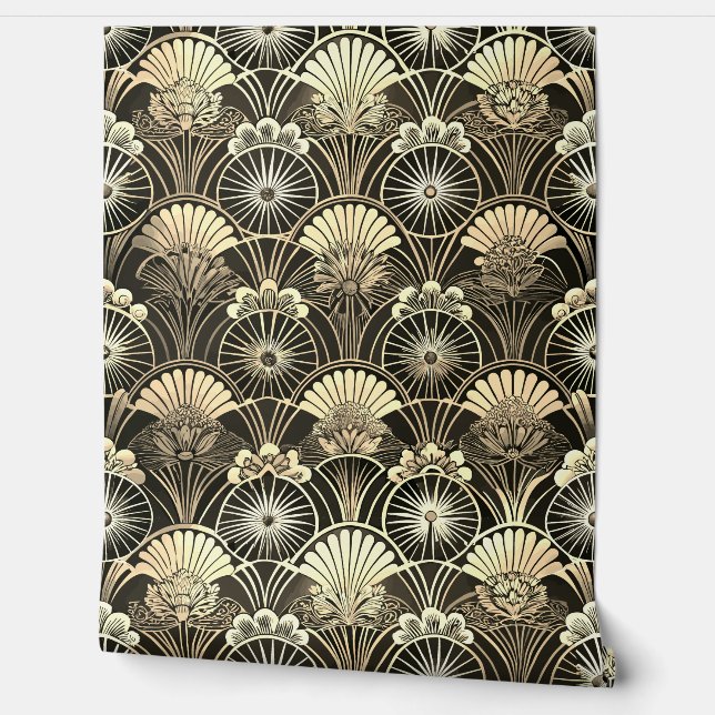 Art Deco Goud Stemming Bloem Motief Geometrisch Behang (Afrollen)