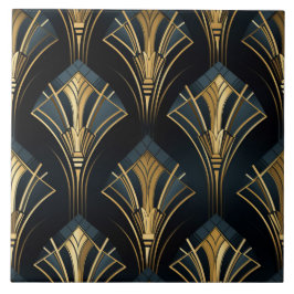 Art Deco Goud, Symmetrisch, Navy en Cyaan Tegeltje