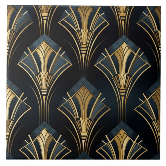 Art Deco Goud, Symmetrisch, Navy en Cyaan Tegeltje (Voorkant)