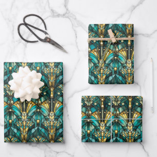 Art Deco Goud & Teal Inpakpapier Vlakke Vellen
